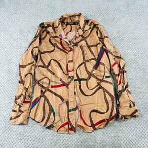 Lauren Ralph Lauren Black Label Western Rope Belt Print Button Down LS Blouse M